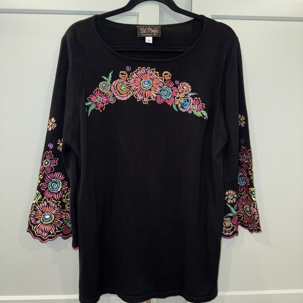 Bob Mackie Wearable Art Large‎ Black Tunic Sweater Embroidered Boho Bell Sleeves